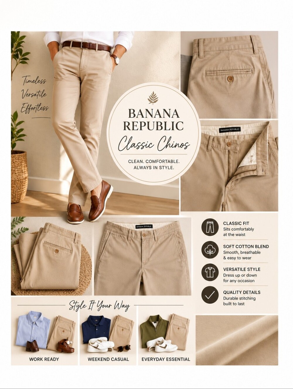 Banana Republic Beige Chino Pants Men's 34L Classic Flat Front Khakis